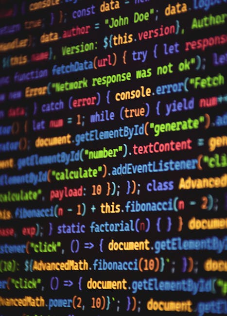 A close-up image of a digital screen displaying lines of colorful programming code with syntax highlighting, including words like 'Version', 'error', and 'console'. The background features bright shad